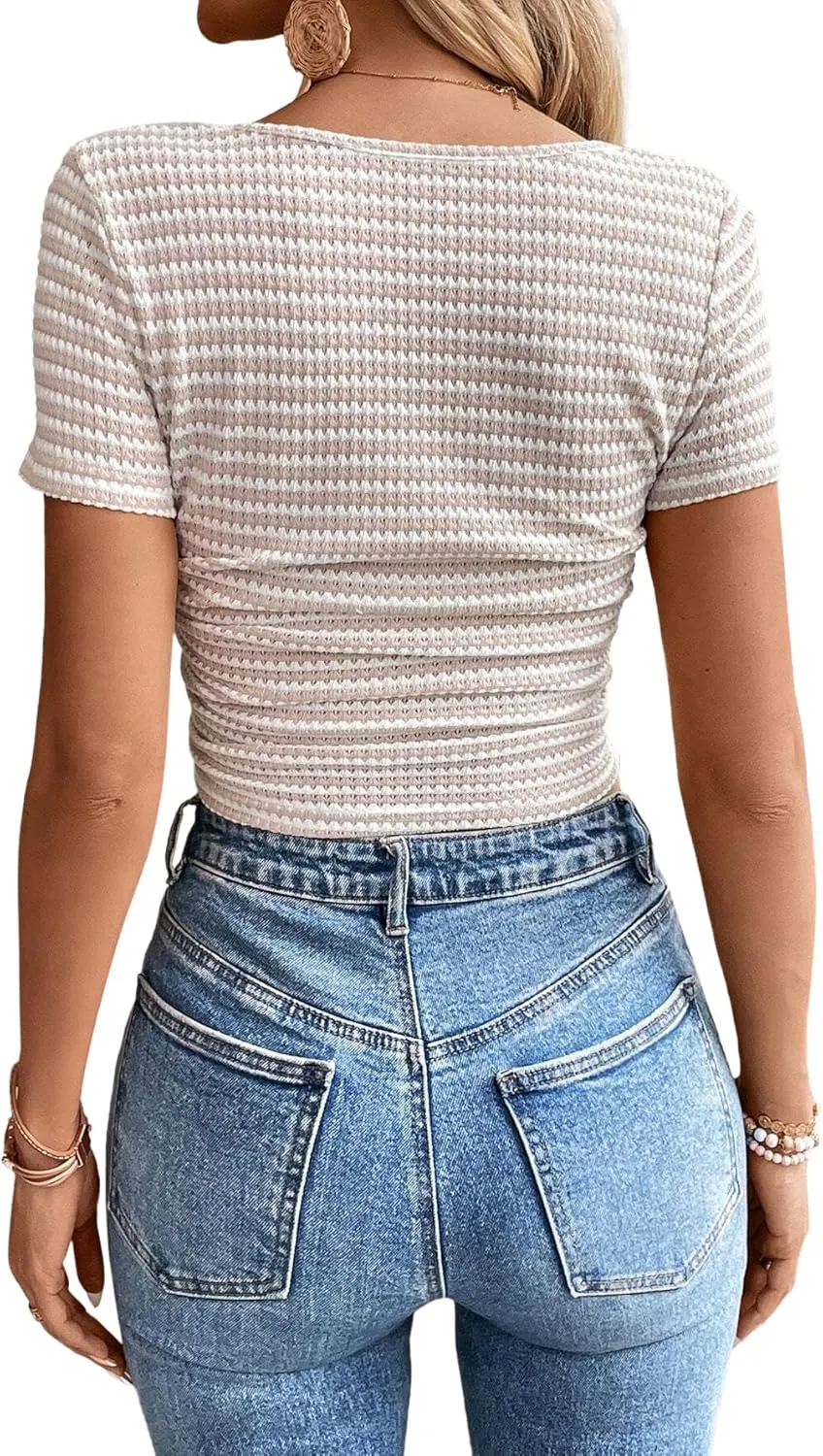 Women Summer Short Sleeve Shirts Ruched Tops Sexy Square Neck Blouses Going Out Knit T Shirt Basic Tees