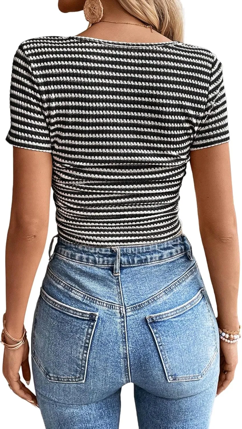 Women Summer Short Sleeve Shirts Ruched Tops Sexy Square Neck Blouses Going Out Knit T Shirt Basic Tees
