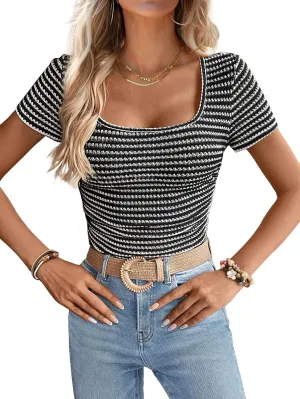 Women Summer Short Sleeve Shirts Ruched Tops Sexy Square Neck Blouses Going Out Knit T Shirt Basic Tees