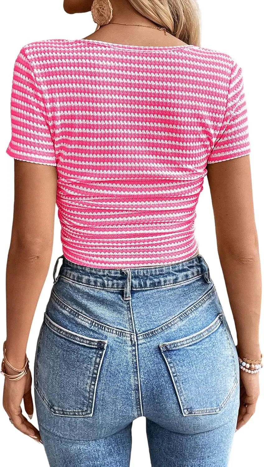 Women Summer Short Sleeve Shirts Ruched Tops Sexy Square Neck Blouses Going Out Knit T Shirt Basic Tees