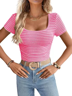 Women Summer Short Sleeve Shirts Ruched Tops Sexy Square Neck Blouses Going Out Knit T Shirt Basic Tees