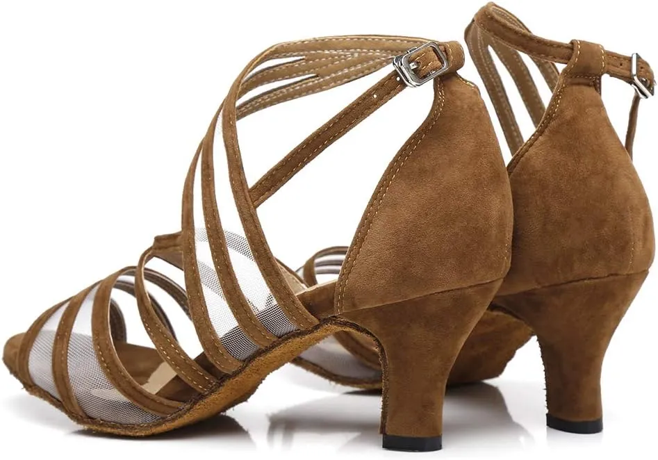 Women's Ballroom Dance Shoes Satin Latin Salsa Dancing Shoes Cross Strap Suede Sole YCL300