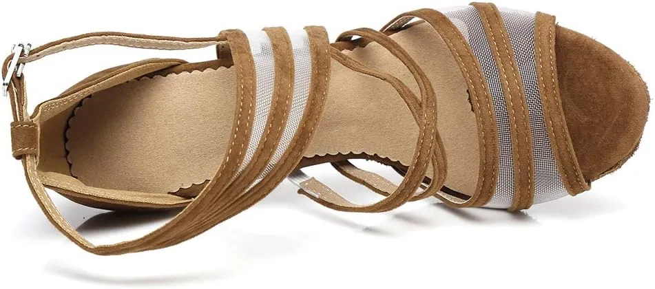 Women's Ballroom Dance Shoes Satin Latin Salsa Dancing Shoes Cross Strap Suede Sole YCL300