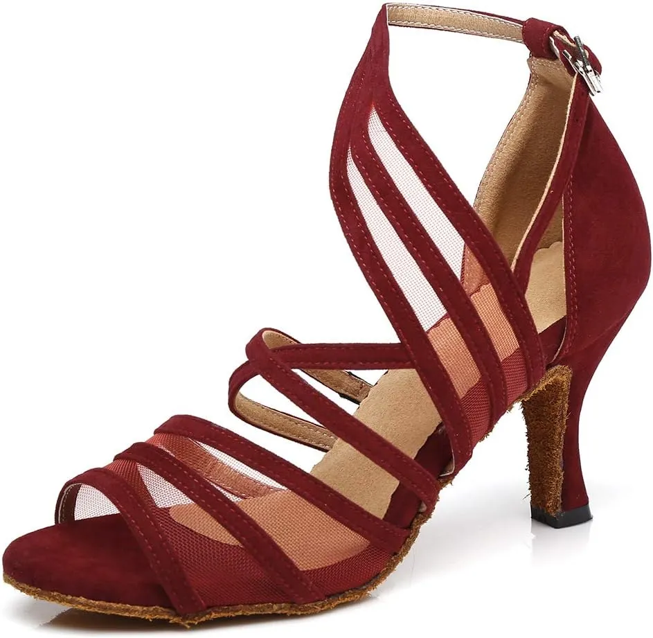 Women's Ballroom Dance Shoes Satin Latin Salsa Dancing Shoes Cross Strap Suede Sole YCL300