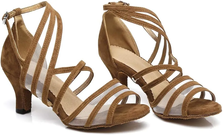 Women's Ballroom Dance Shoes Satin Latin Salsa Dancing Shoes Cross Strap Suede Sole YCL300