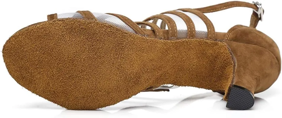 Women's Ballroom Dance Shoes Satin Latin Salsa Dancing Shoes Cross Strap Suede Sole YCL300