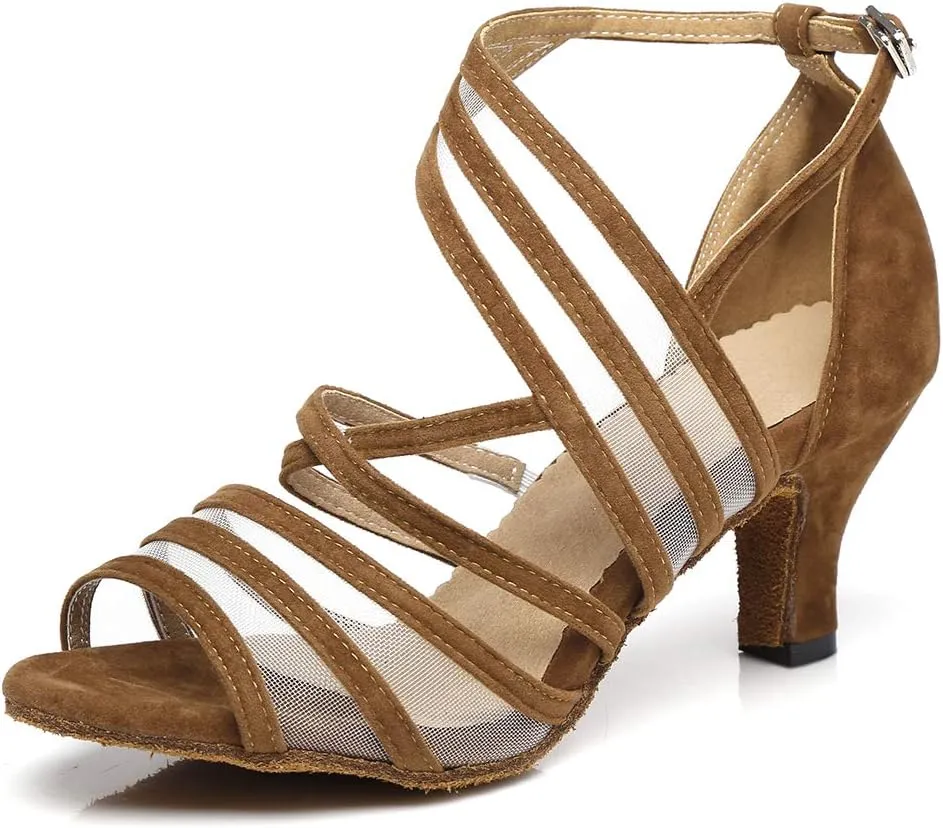 Women's Ballroom Dance Shoes Satin Latin Salsa Dancing Shoes Cross Strap Suede Sole YCL300