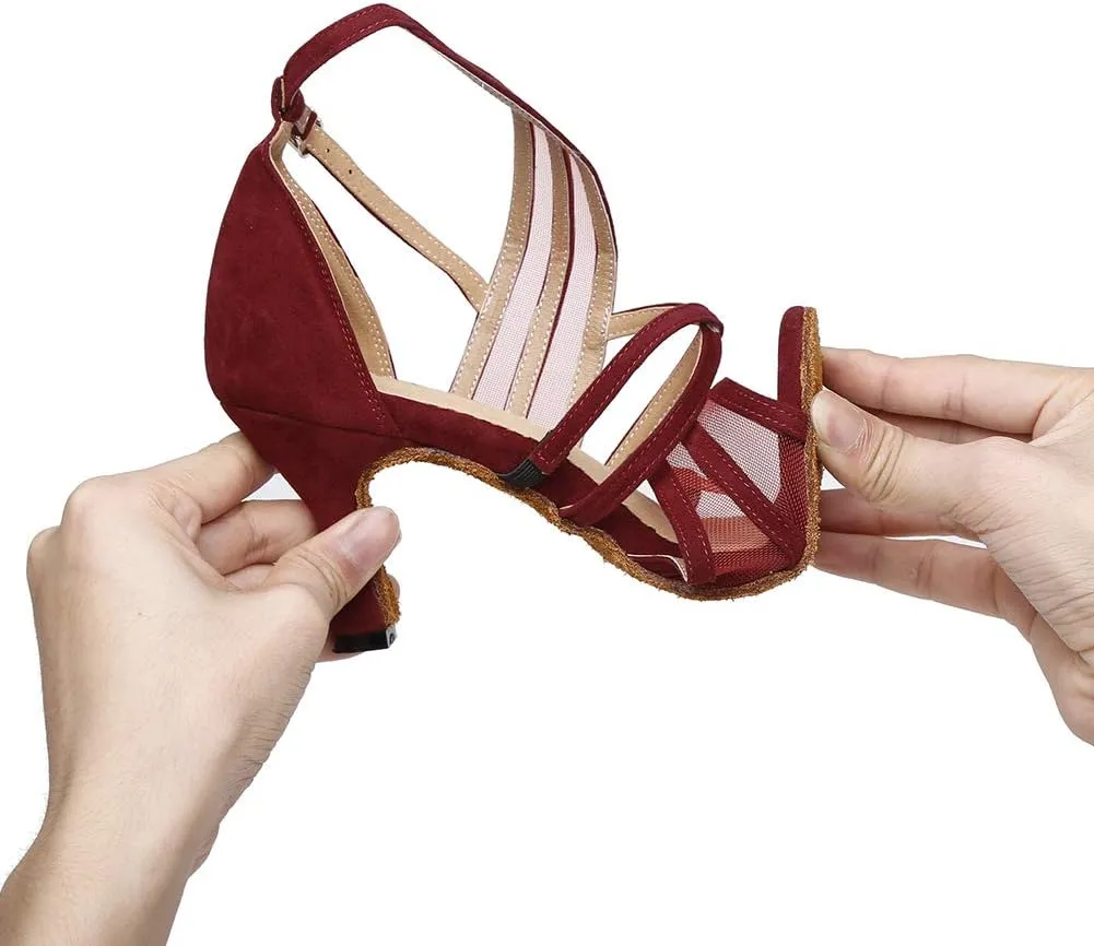 Women's Ballroom Dance Shoes Satin Latin Salsa Dancing Shoes Cross Strap Suede Sole YCL300