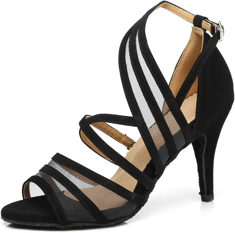 Women's Ballroom Dance Shoes Satin Latin Salsa Dancing Shoes Cross Strap Suede Sole YCL300