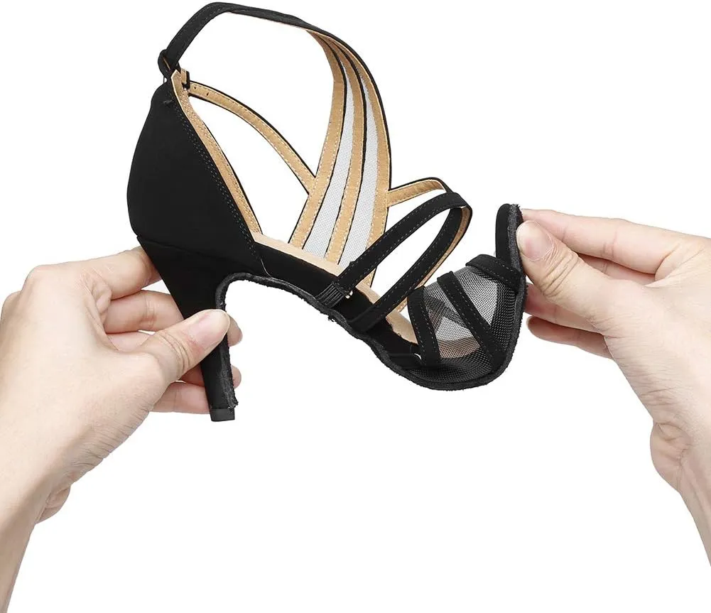 Women's Ballroom Dance Shoes Satin Latin Salsa Dancing Shoes Cross Strap Suede Sole YCL300