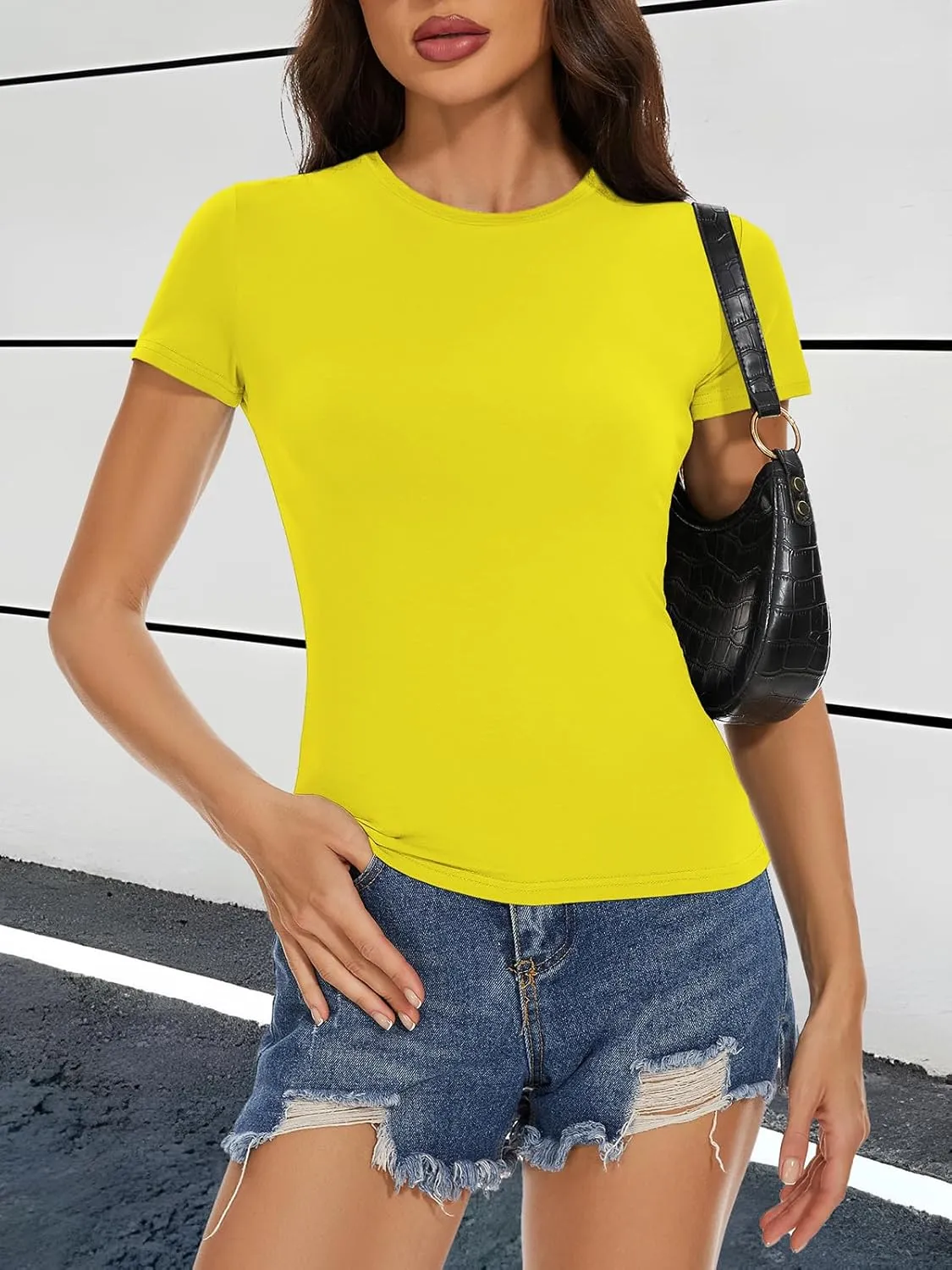 Womens Basic Tees Summer Short Sleeve Shirts Slim Fit Tight T Shirt Going Out Tops