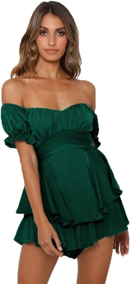 Women's Boho Romper Off Shoulder Ruffle Chiffon Shorts Jumpsuit Playsuits
