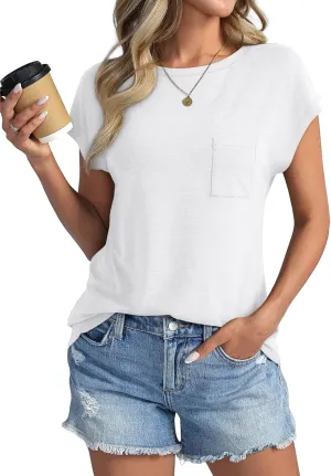 Womens Cap Sleeve Crew Neck T Shirts Loose Fit Short Sleeve Shirts Casual Summer Tops 2025