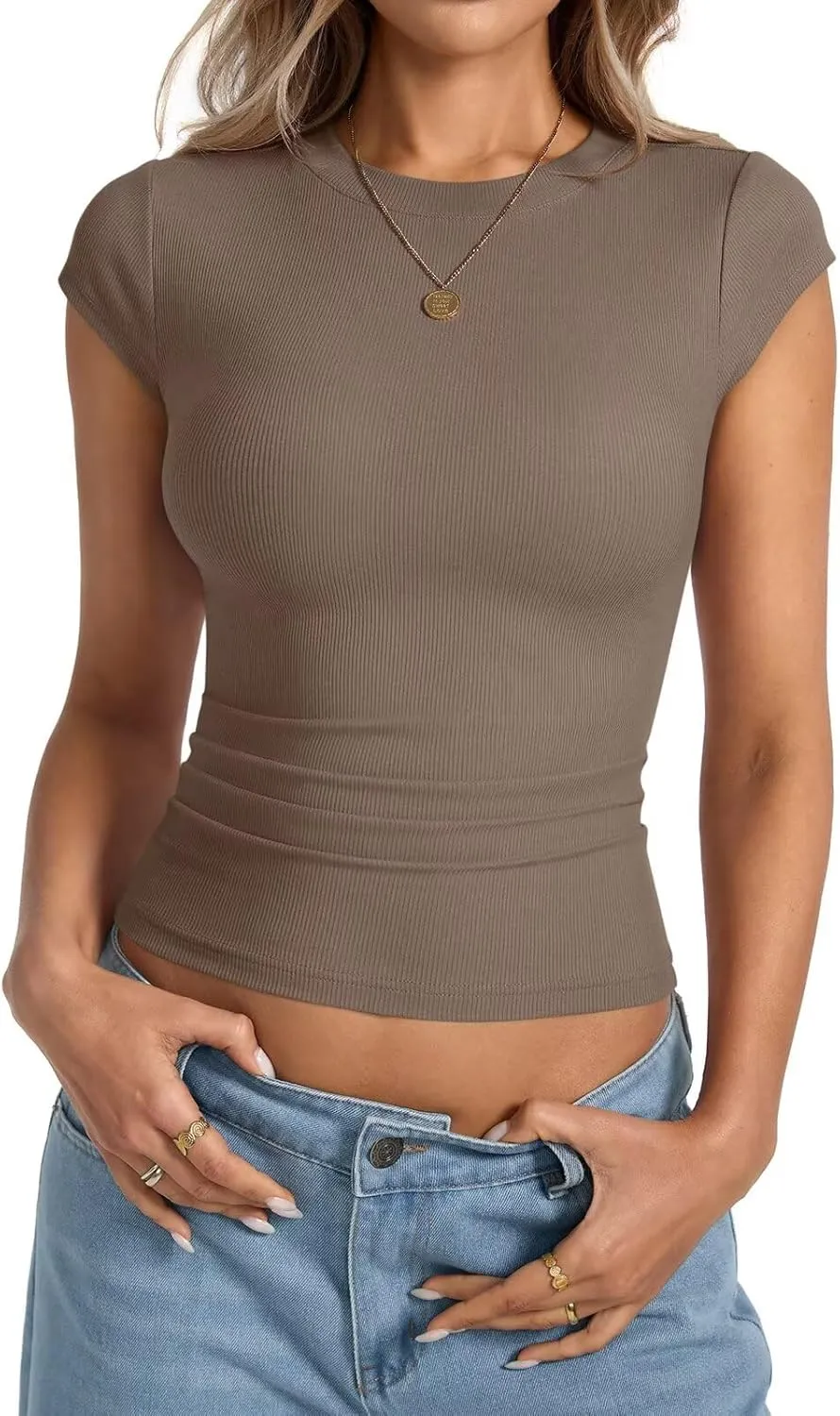 Womens Cap Sleeve Tops Summer Crew Neck Short Sleeve Shirts Slim Fit Basic Ribbed Tops Y2K 2025 Going Out Crop