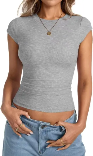 Womens Cap Sleeve Tops Summer Crew Neck Short Sleeve Shirts Slim Fit Basic Ribbed Tops Y2K 2025 Going Out Crop
