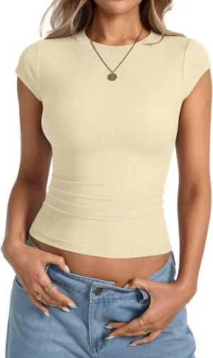 Womens Cap Sleeve Tops Summer Crew Neck Short Sleeve Shirts Slim Fit Basic Ribbed Tops Y2K 2025 Going Out Crop