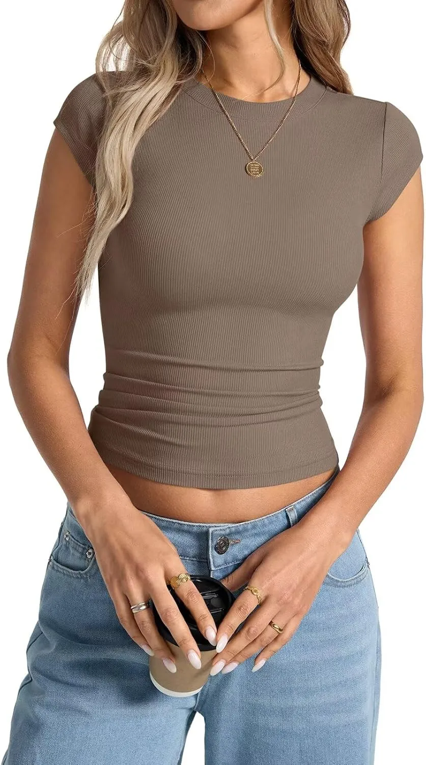 Womens Cap Sleeve Tops Summer Crew Neck Short Sleeve Shirts Slim Fit Basic Ribbed Tops Y2K 2025 Going Out Crop