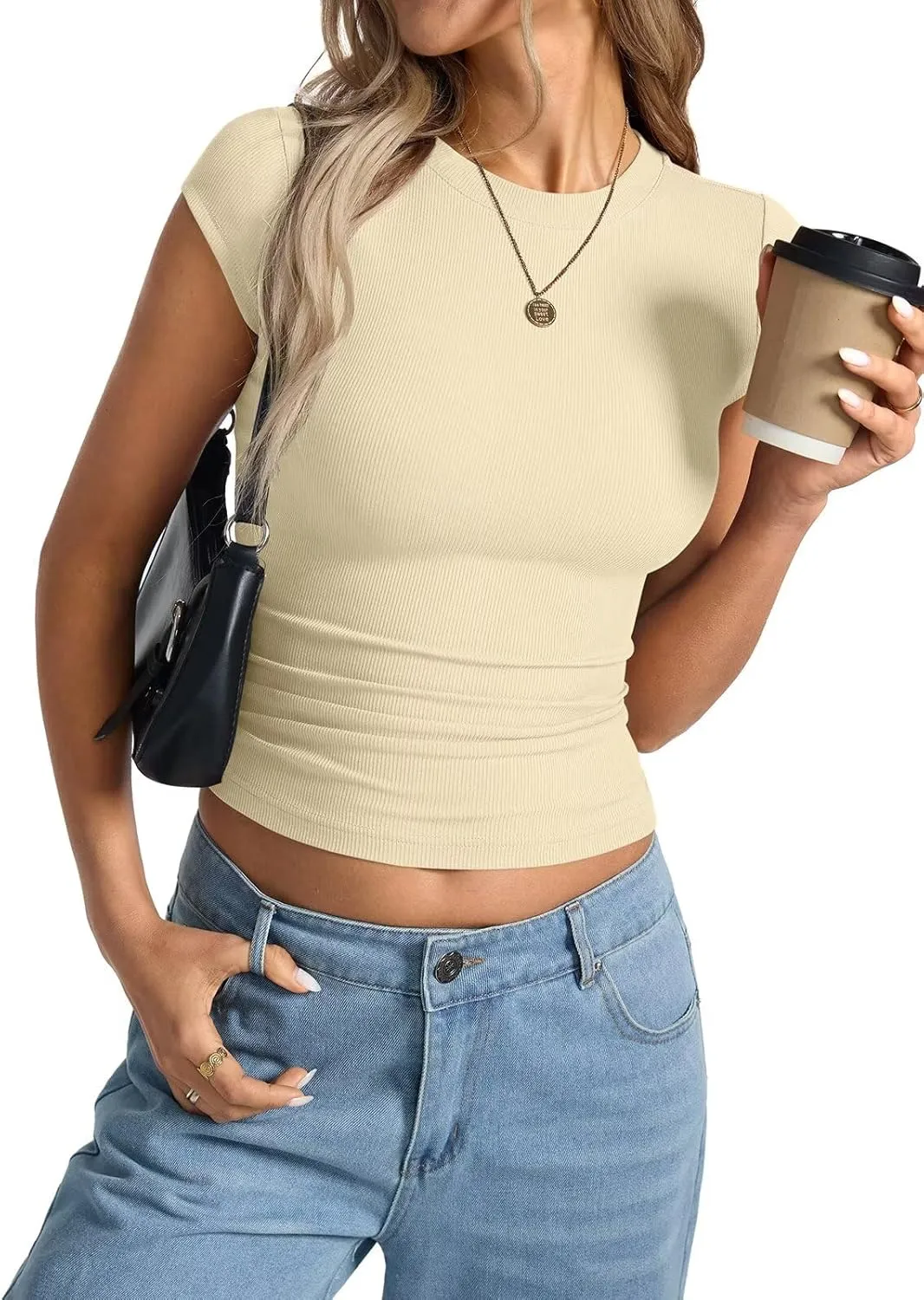 Womens Cap Sleeve Tops Summer Crew Neck Short Sleeve Shirts Slim Fit Basic Ribbed Tops Y2K 2025 Going Out Crop