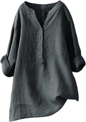 Womens Casual Button V Neck Short Sleeve Shirts Oversized Solid Cotton Linen Blouses Tops Ladies Tunics Tshirts