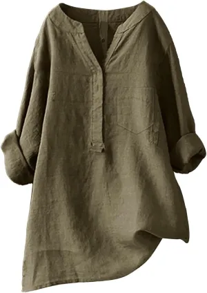Womens Casual Button V Neck Short Sleeve Shirts Oversized Solid Cotton Linen Blouses Tops Ladies Tunics Tshirts