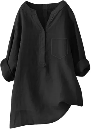 Womens Casual Button V Neck Short Sleeve Shirts Oversized Solid Cotton Linen Blouses Tops Ladies Tunics Tshirts