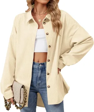 Women's Casual Jacket Loose Fit Long Sleeve Button Down Shirt Shacket Tops Turn-Down Collar Boyfriend Style Coats