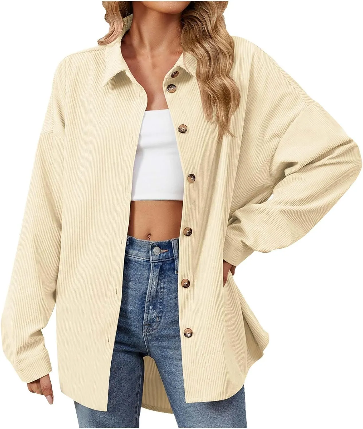 Women's Casual Jacket Loose Fit Long Sleeve Button Down Shirt Shacket Tops Turn-Down Collar Boyfriend Style Coats