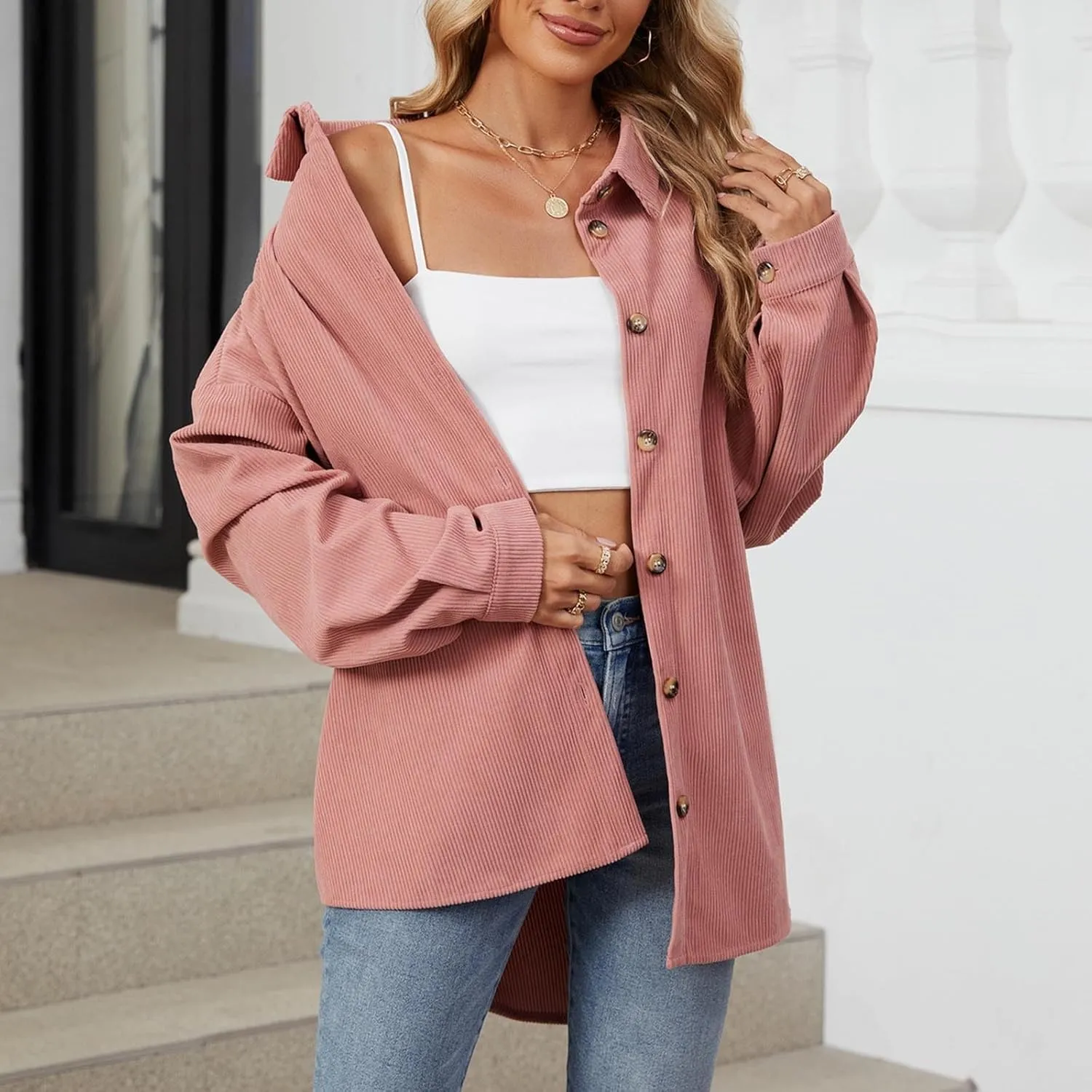 Women's Casual Jacket Loose Fit Long Sleeve Button Down Shirt Shacket Tops Turn-Down Collar Boyfriend Style Coats