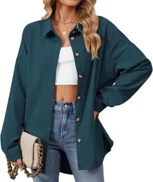Women's Casual Jacket Loose Fit Long Sleeve Button Down Shirt Shacket Tops Turn-Down Collar Boyfriend Style Coats