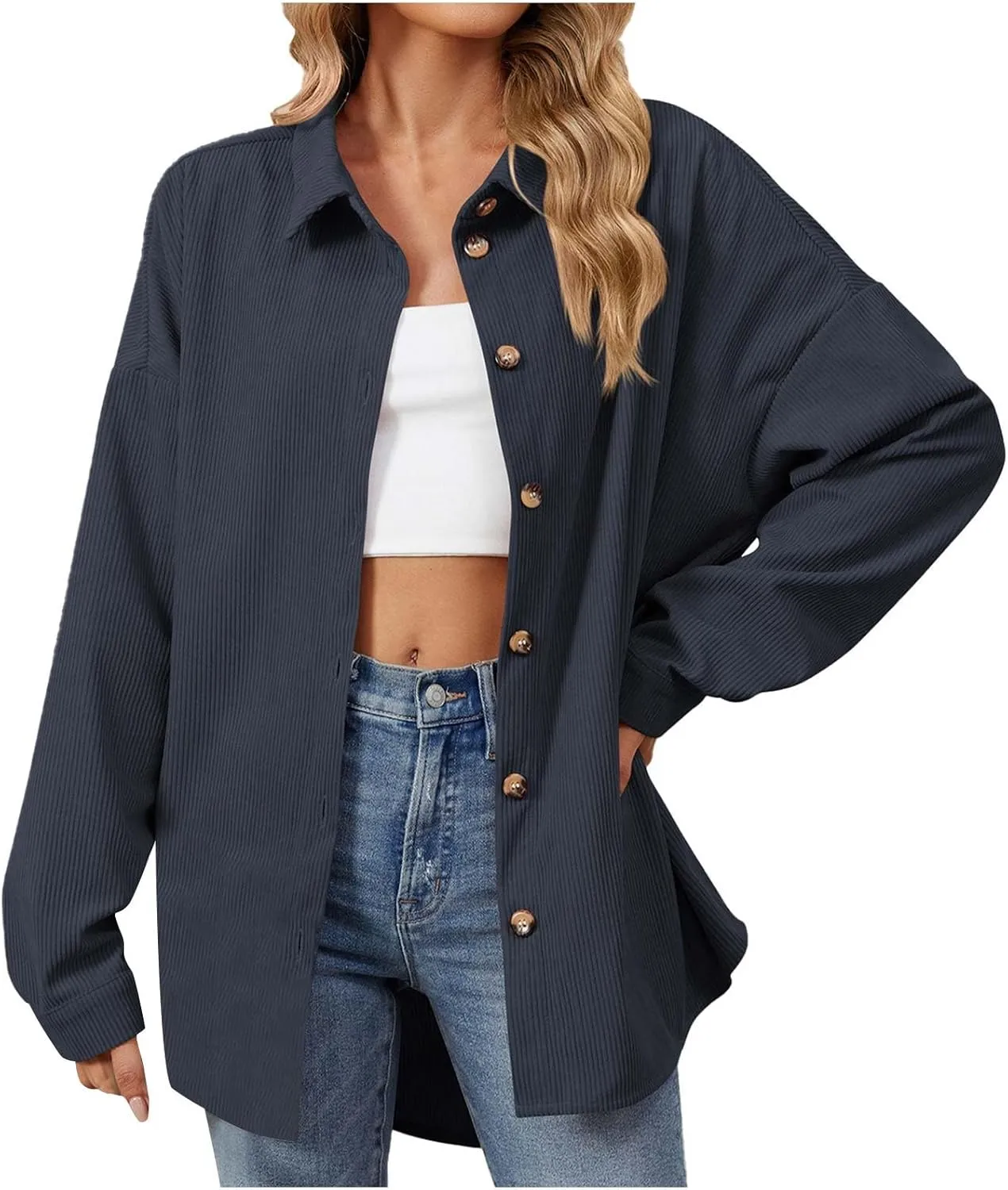 Women's Casual Jacket Loose Fit Long Sleeve Button Down Shirt Shacket Tops Turn-Down Collar Boyfriend Style Coats
