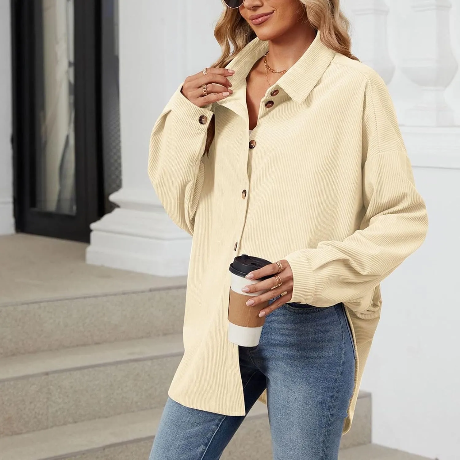 Women's Casual Jacket Loose Fit Long Sleeve Button Down Shirt Shacket Tops Turn-Down Collar Boyfriend Style Coats