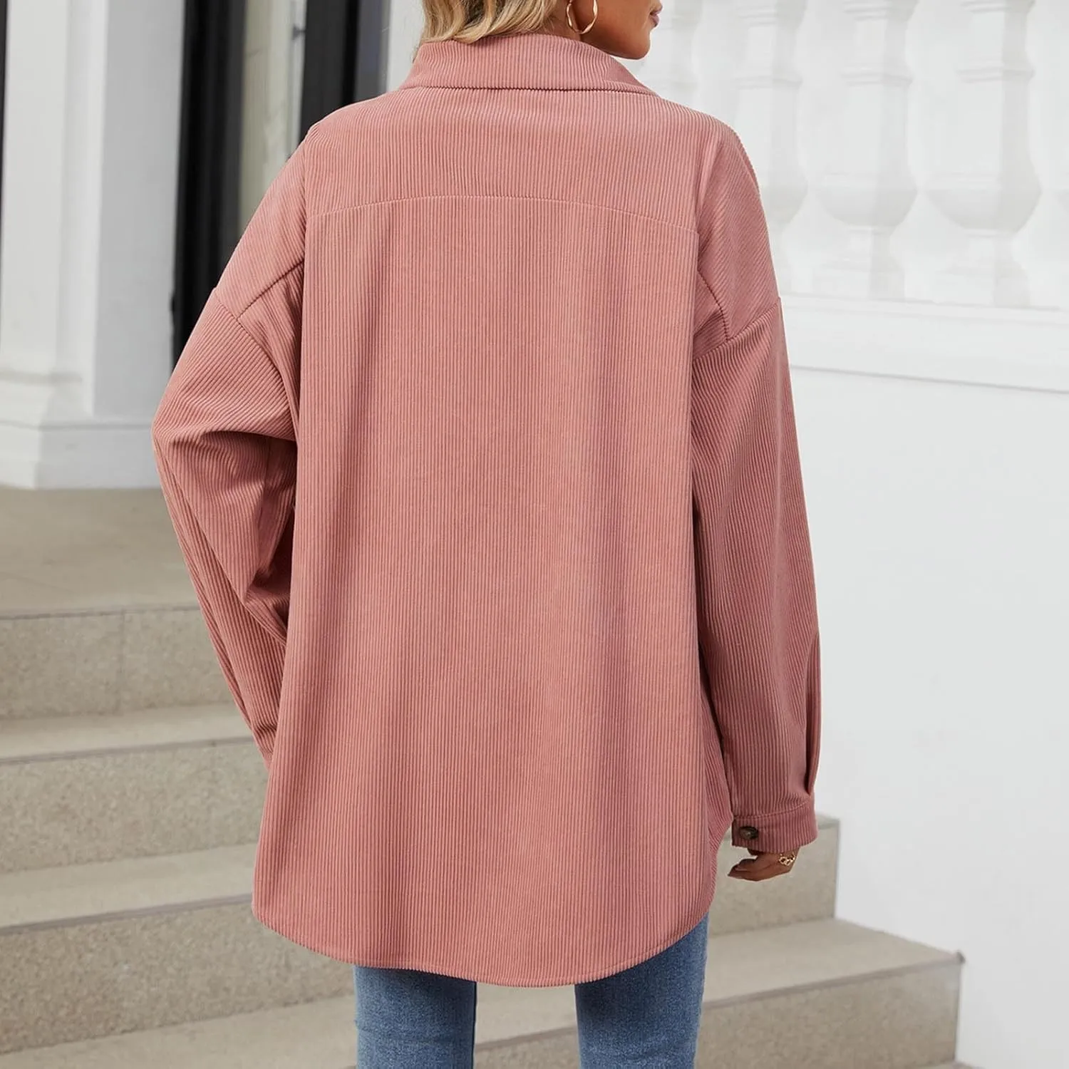 Women's Casual Jacket Loose Fit Long Sleeve Button Down Shirt Shacket Tops Turn-Down Collar Boyfriend Style Coats