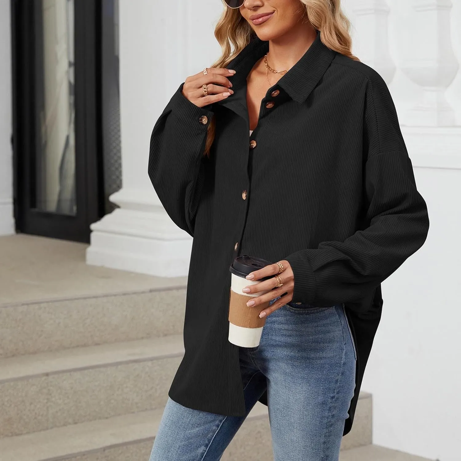 Women's Casual Jacket Loose Fit Long Sleeve Button Down Shirt Shacket Tops Turn-Down Collar Boyfriend Style Coats