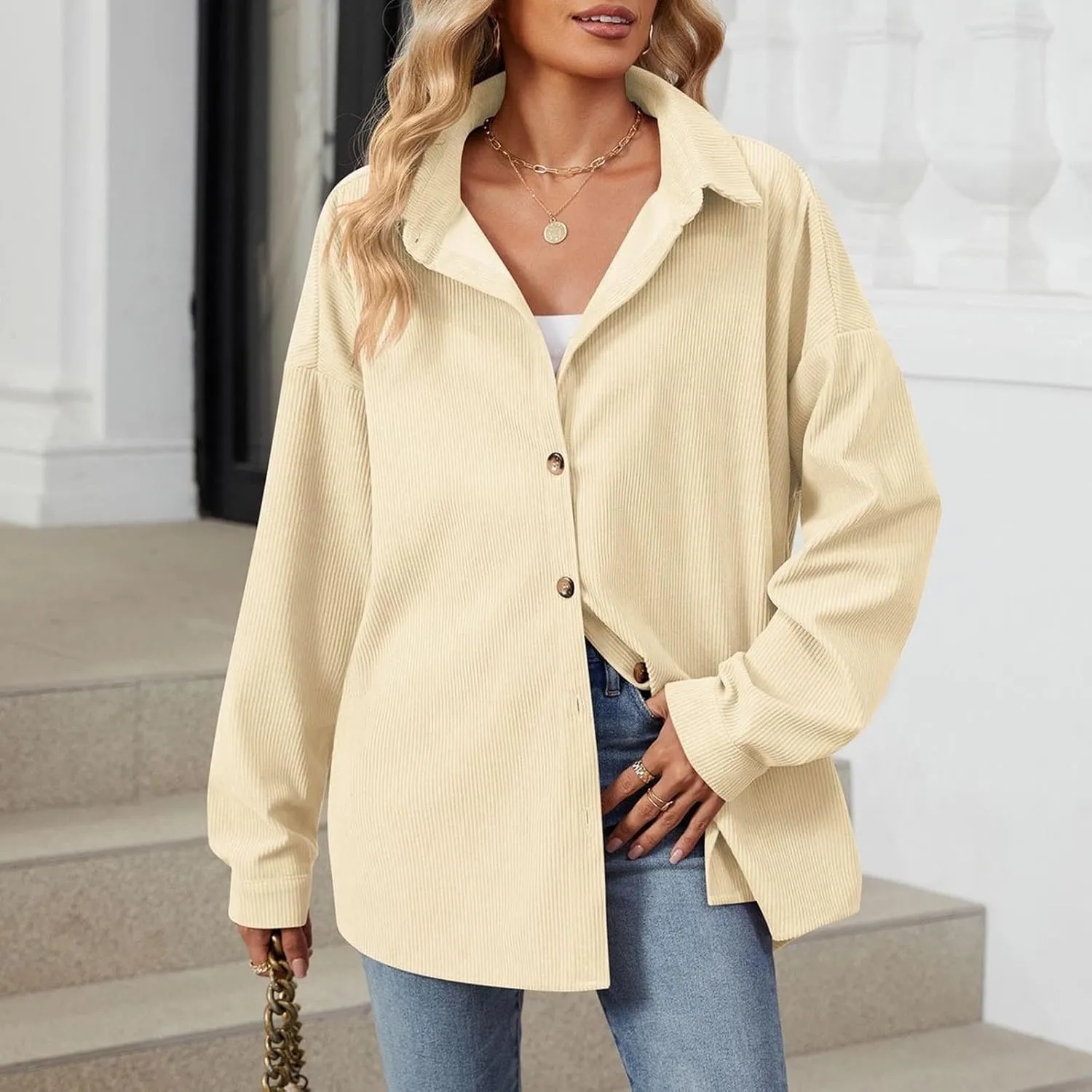 Women's Casual Jacket Loose Fit Long Sleeve Button Down Shirt Shacket Tops Turn-Down Collar Boyfriend Style Coats