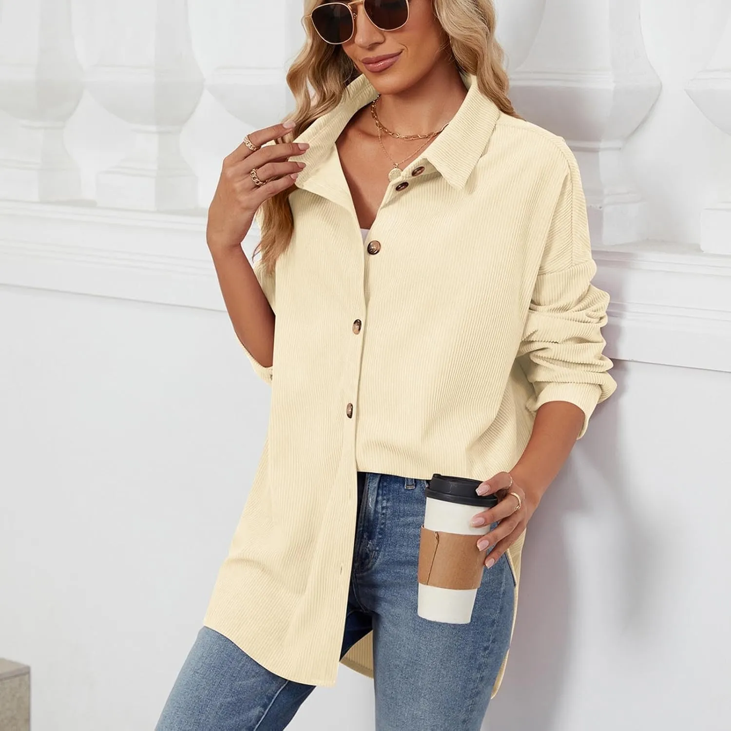 Women's Casual Jacket Loose Fit Long Sleeve Button Down Shirt Shacket Tops Turn-Down Collar Boyfriend Style Coats