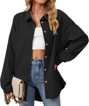 Women's Casual Jacket Loose Fit Long Sleeve Button Down Shirt Shacket Tops Turn-Down Collar Boyfriend Style Coats