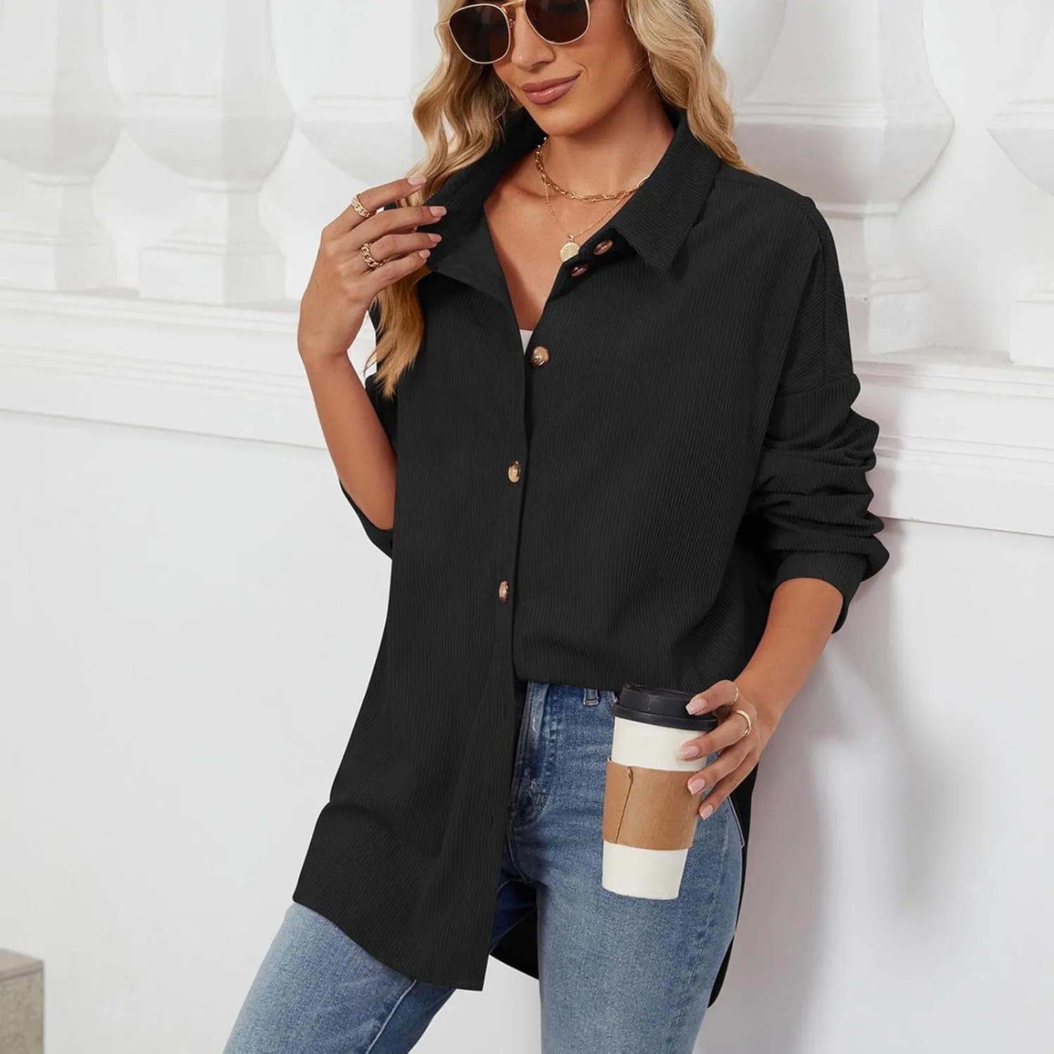 Women's Casual Jacket Loose Fit Long Sleeve Button Down Shirt Shacket Tops Turn-Down Collar Boyfriend Style Coats