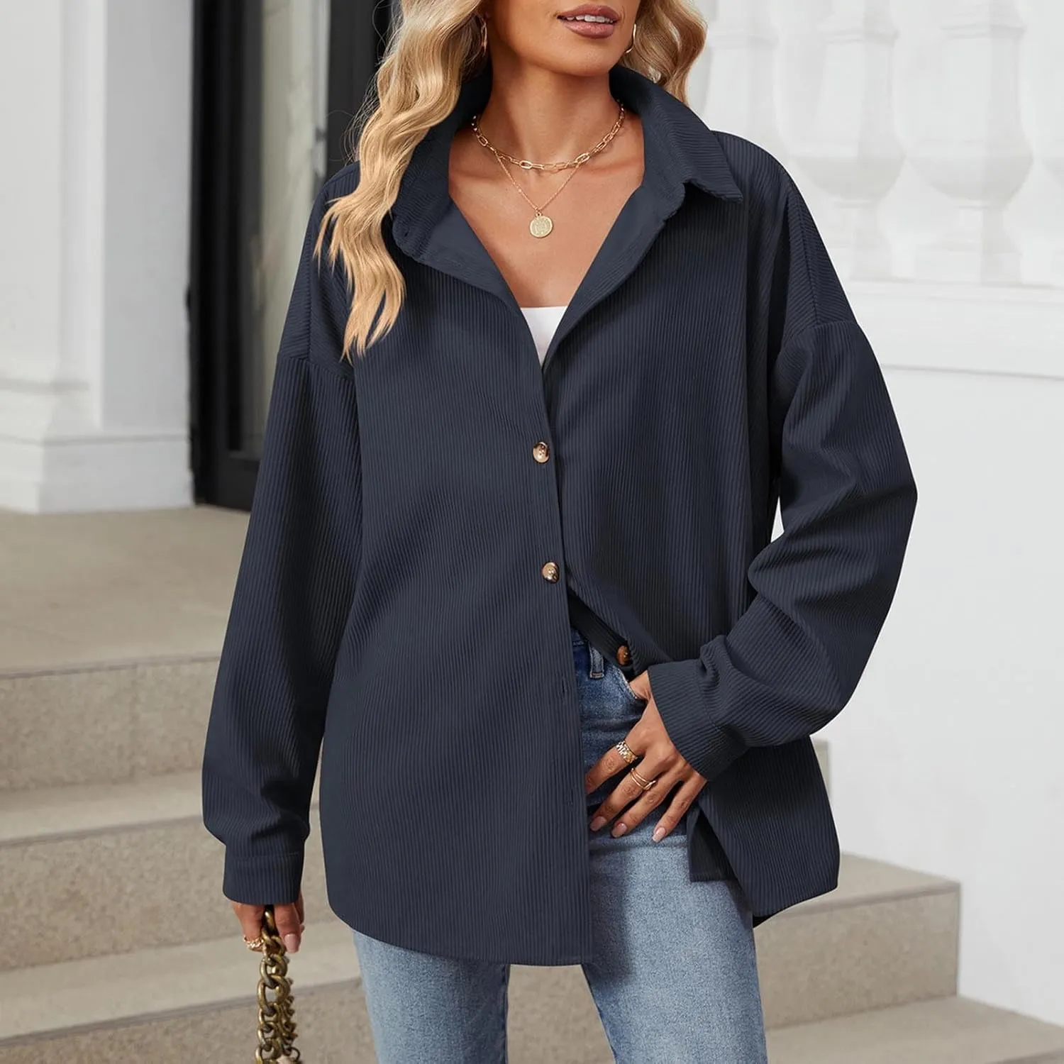 Women's Casual Jacket Loose Fit Long Sleeve Button Down Shirt Shacket Tops Turn-Down Collar Boyfriend Style Coats