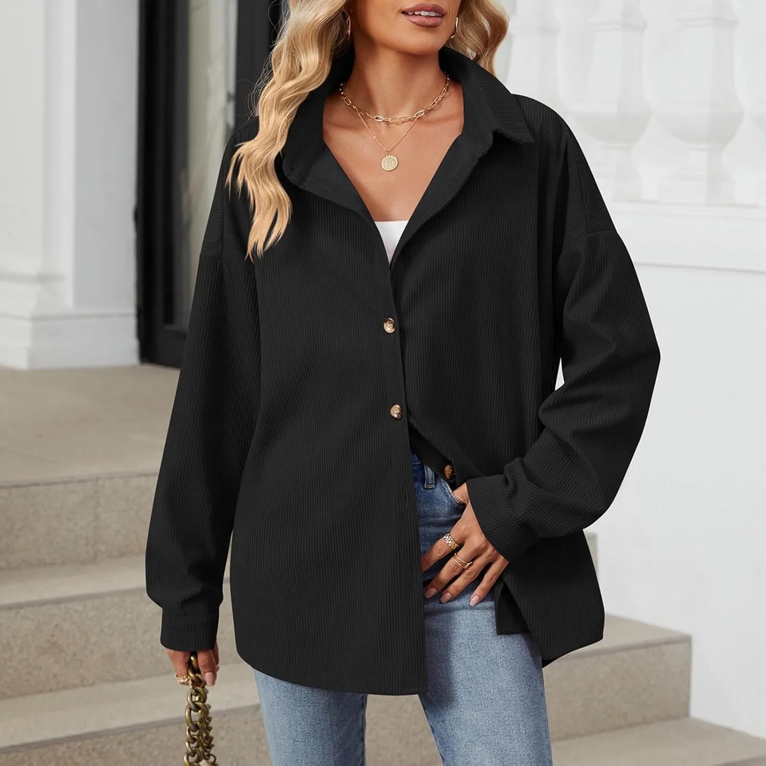 Women's Casual Jacket Loose Fit Long Sleeve Button Down Shirt Shacket Tops Turn-Down Collar Boyfriend Style Coats