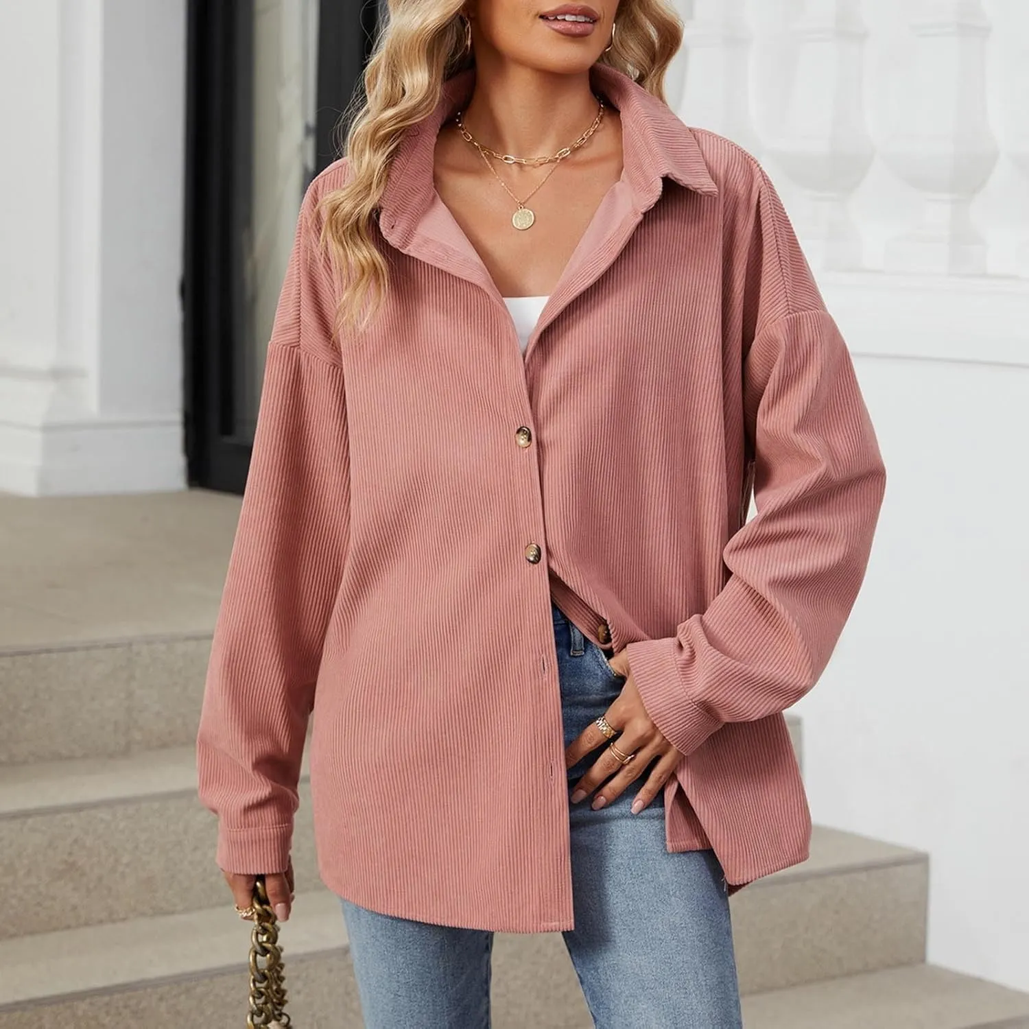 Women's Casual Jacket Loose Fit Long Sleeve Button Down Shirt Shacket Tops Turn-Down Collar Boyfriend Style Coats