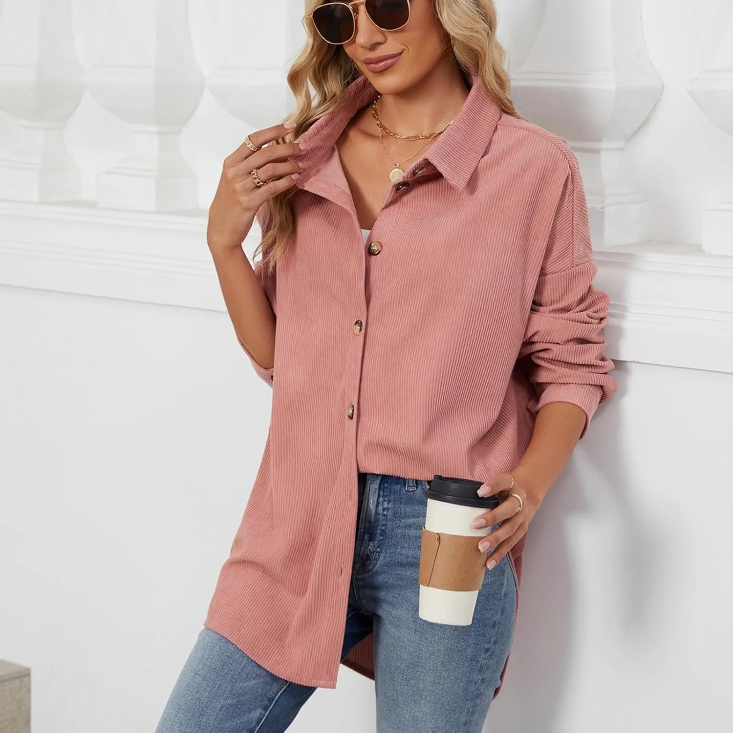 Women's Casual Jacket Loose Fit Long Sleeve Button Down Shirt Shacket Tops Turn-Down Collar Boyfriend Style Coats