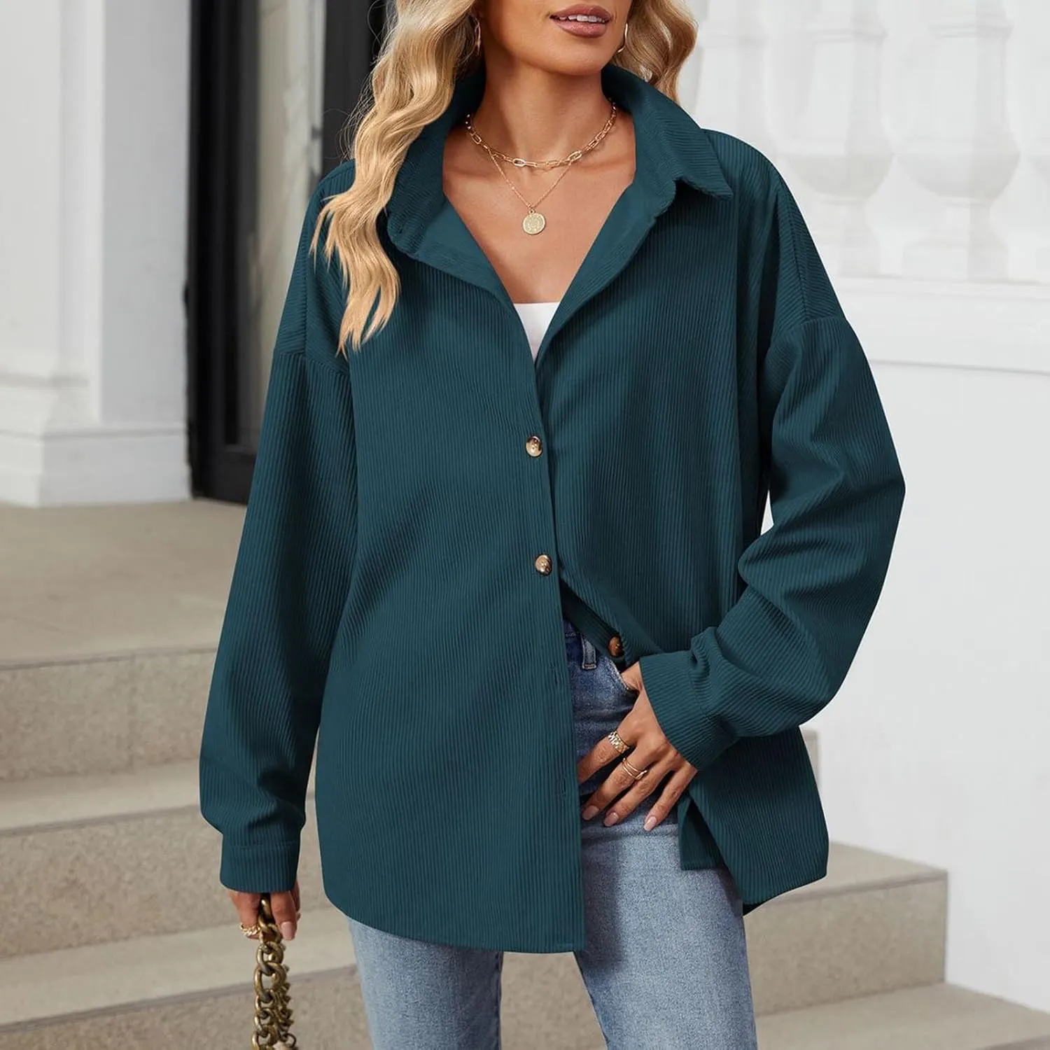 Women's Casual Jacket Loose Fit Long Sleeve Button Down Shirt Shacket Tops Turn-Down Collar Boyfriend Style Coats