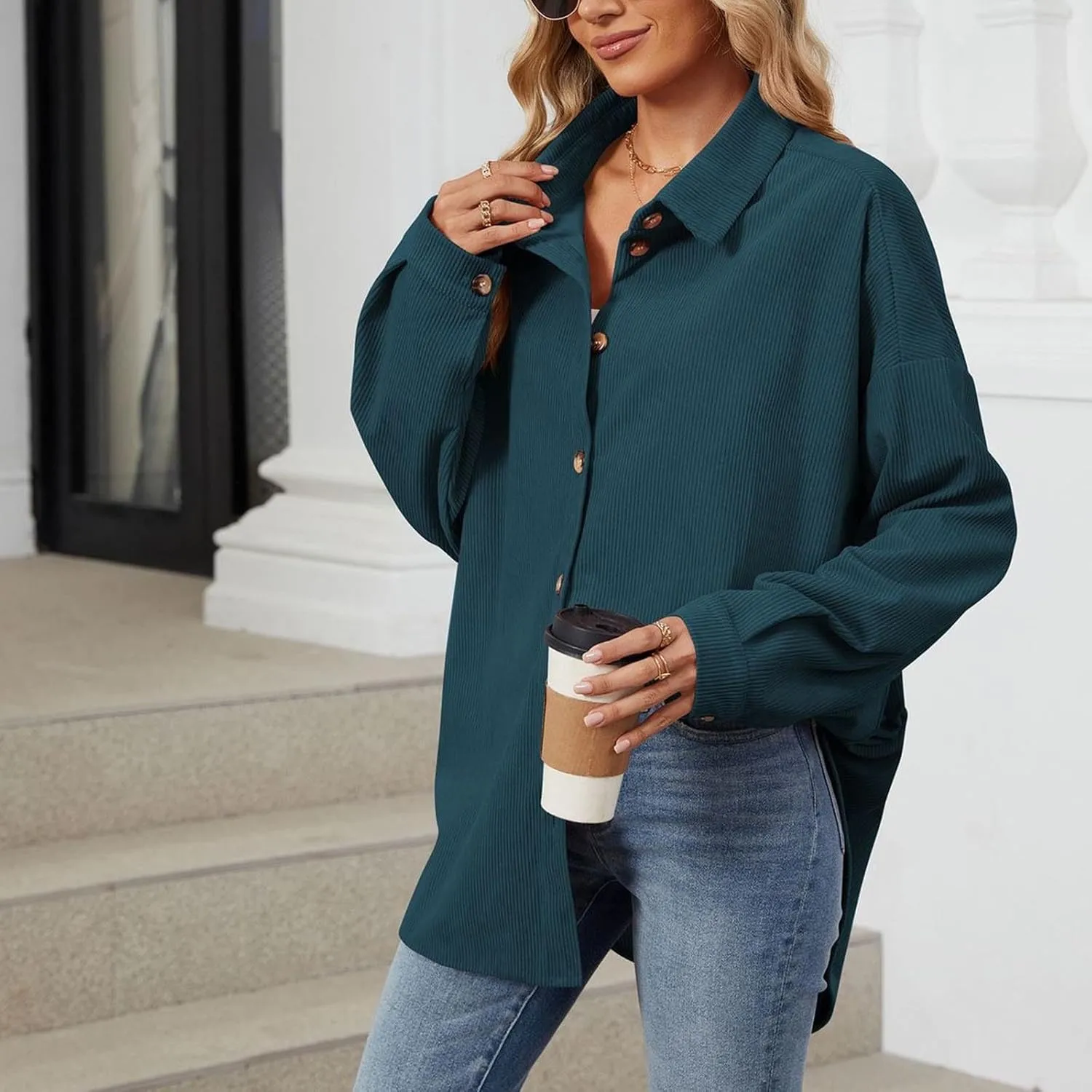 Women's Casual Jacket Loose Fit Long Sleeve Button Down Shirt Shacket Tops Turn-Down Collar Boyfriend Style Coats
