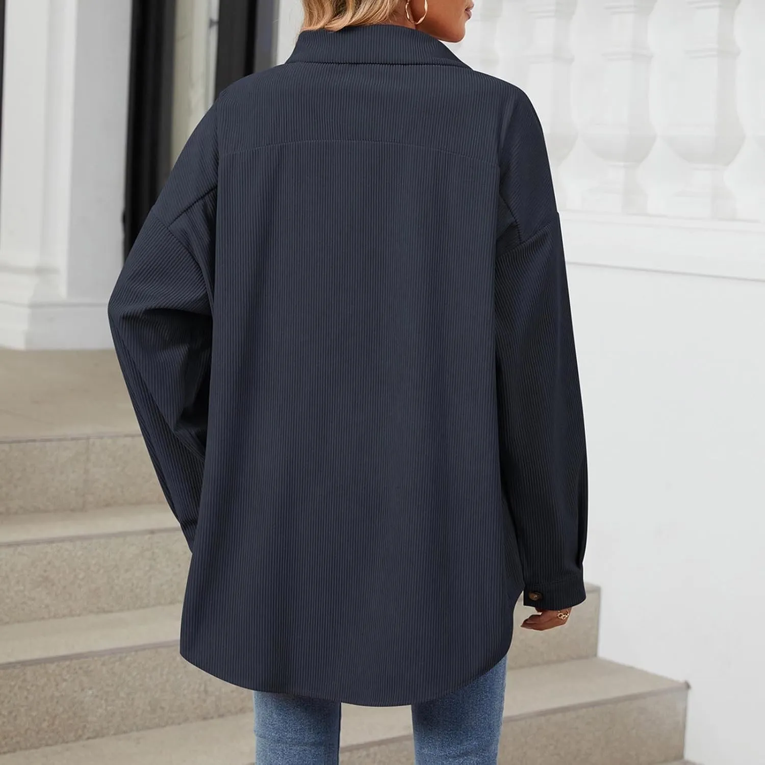 Women's Casual Jacket Loose Fit Long Sleeve Button Down Shirt Shacket Tops Turn-Down Collar Boyfriend Style Coats
