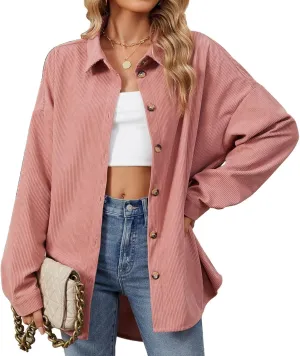 Women's Casual Jacket Loose Fit Long Sleeve Button Down Shirt Shacket Tops Turn-Down Collar Boyfriend Style Coats
