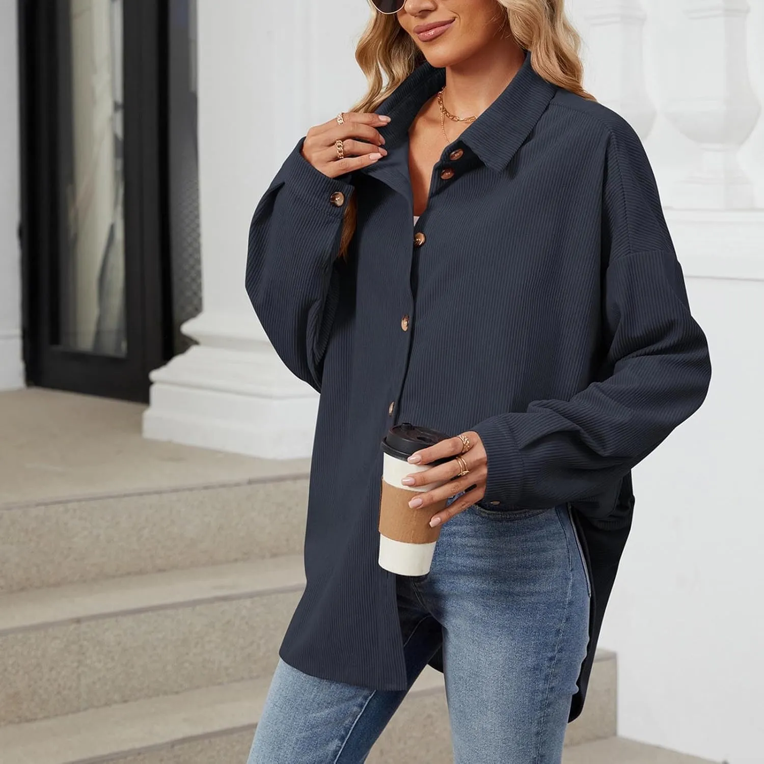 Women's Casual Jacket Loose Fit Long Sleeve Button Down Shirt Shacket Tops Turn-Down Collar Boyfriend Style Coats