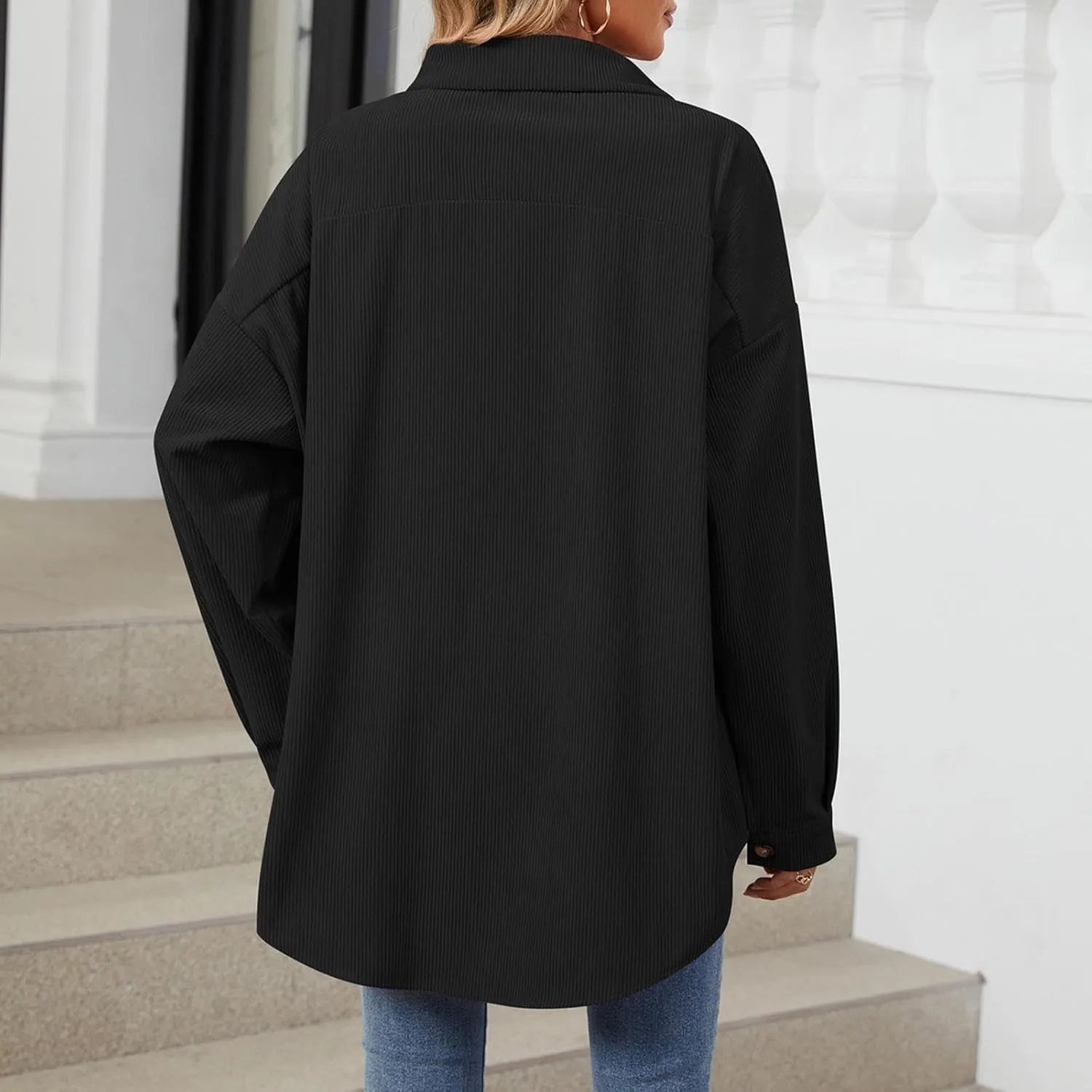 Women's Casual Jacket Loose Fit Long Sleeve Button Down Shirt Shacket Tops Turn-Down Collar Boyfriend Style Coats
