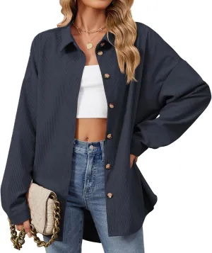 Women's Casual Jacket Loose Fit Long Sleeve Button Down Shirt Shacket Tops Turn-Down Collar Boyfriend Style Coats