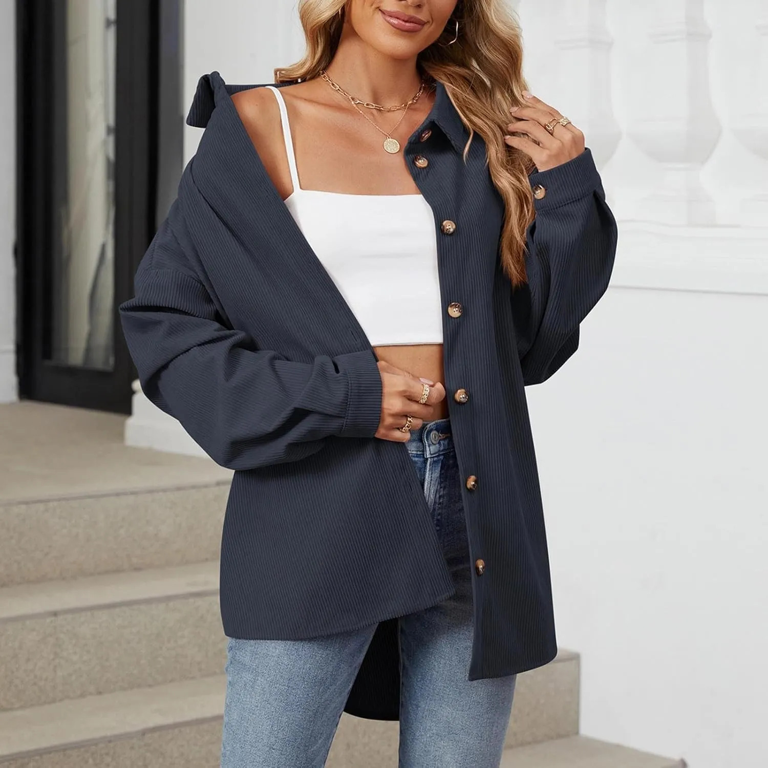 Women's Casual Jacket Loose Fit Long Sleeve Button Down Shirt Shacket Tops Turn-Down Collar Boyfriend Style Coats