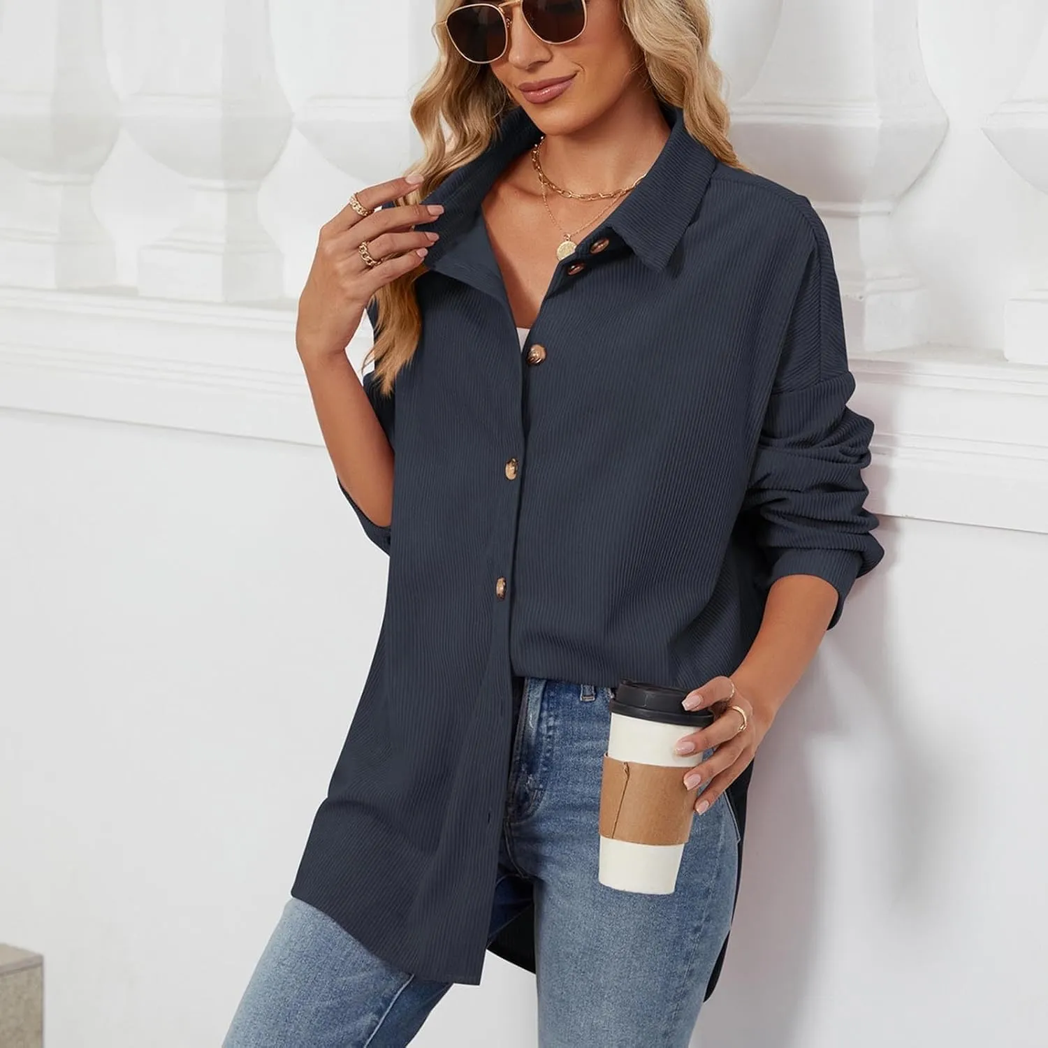 Women's Casual Jacket Loose Fit Long Sleeve Button Down Shirt Shacket Tops Turn-Down Collar Boyfriend Style Coats
